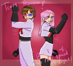 This is a drawing of Niki and Jack. They're both wearing Team Rocket's uniform from the Pokemon anime, the white suits with red R's on the front. Niki has bright pink hair. Jack retains his blue and red glasses.